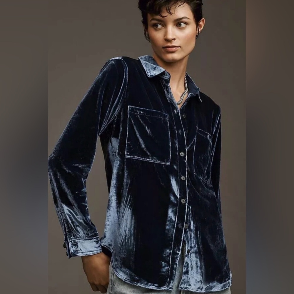 Anthropologie Pilcro Hadley Relaxed Velvet Shirt in Sapphire Blue Size XXS NWT